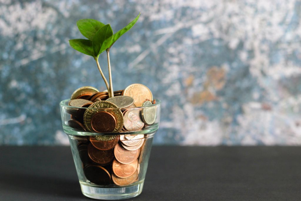 Image of a cup containing loose change and a plant